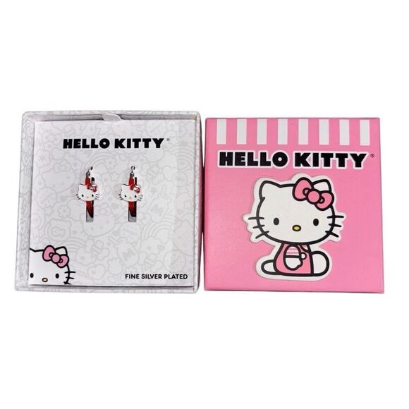 Hello kitty silver plated hoop earrings red white new - Picture 1 of 10